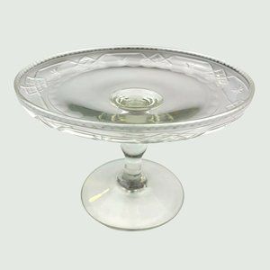 Vtg Etched Glass Cake Stand Clear Pedestal Bon Bon Appetizer Plate Tray Bowl 6.5